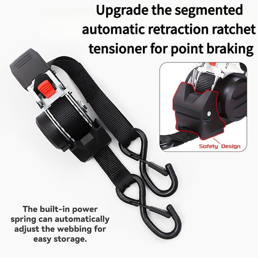 Ratchet Tie-Down Straps with Auto-Retract & Speed Control – Heavy-Duty Cargo Securing Kit with Hooks & Storage Bag | Motorcycle Transport, Towing & Truck Bed Load Securing