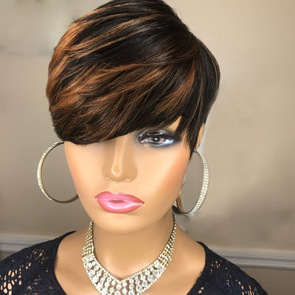 Short Pixie Cut Wig with Bangs Black Blonde Layered 4 Inch Rose Net Cap | Brown Blonde Mix Synthetic Wig for Black Women Daily Wear Office Party