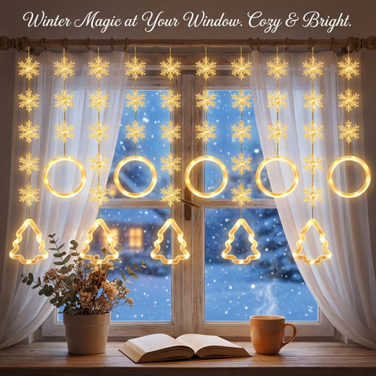 String Lights, 118-Inch USB Holiday Curtain with Ten Snowflake or Star-and-Tree Drops for Indoor Display
