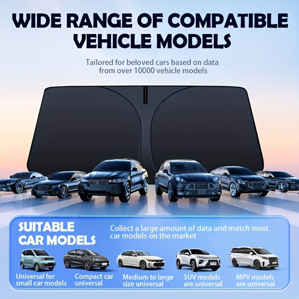 Windshield Sun Shade with Hook & Loop Closure - Foldable Front Window UV Ray Blocker, Dashboard Heat Protector, Universal Fit Car Interior Sun Visor for Cooler Cabin