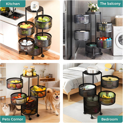 Rolling Storage Cart with Wheels 5-Tier 360° Rotating Kitchen Organizer Basket, No Assembly Space-Saving Floor Standing Bin for Kitchen Pantry Bathroom Bedroom Fruits Vegetables Home Organization