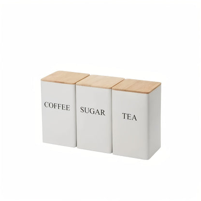 Three Rectangular Metal Canisters for Coffee, Tea and Sugar with Wood-Tone Lids in Black or White