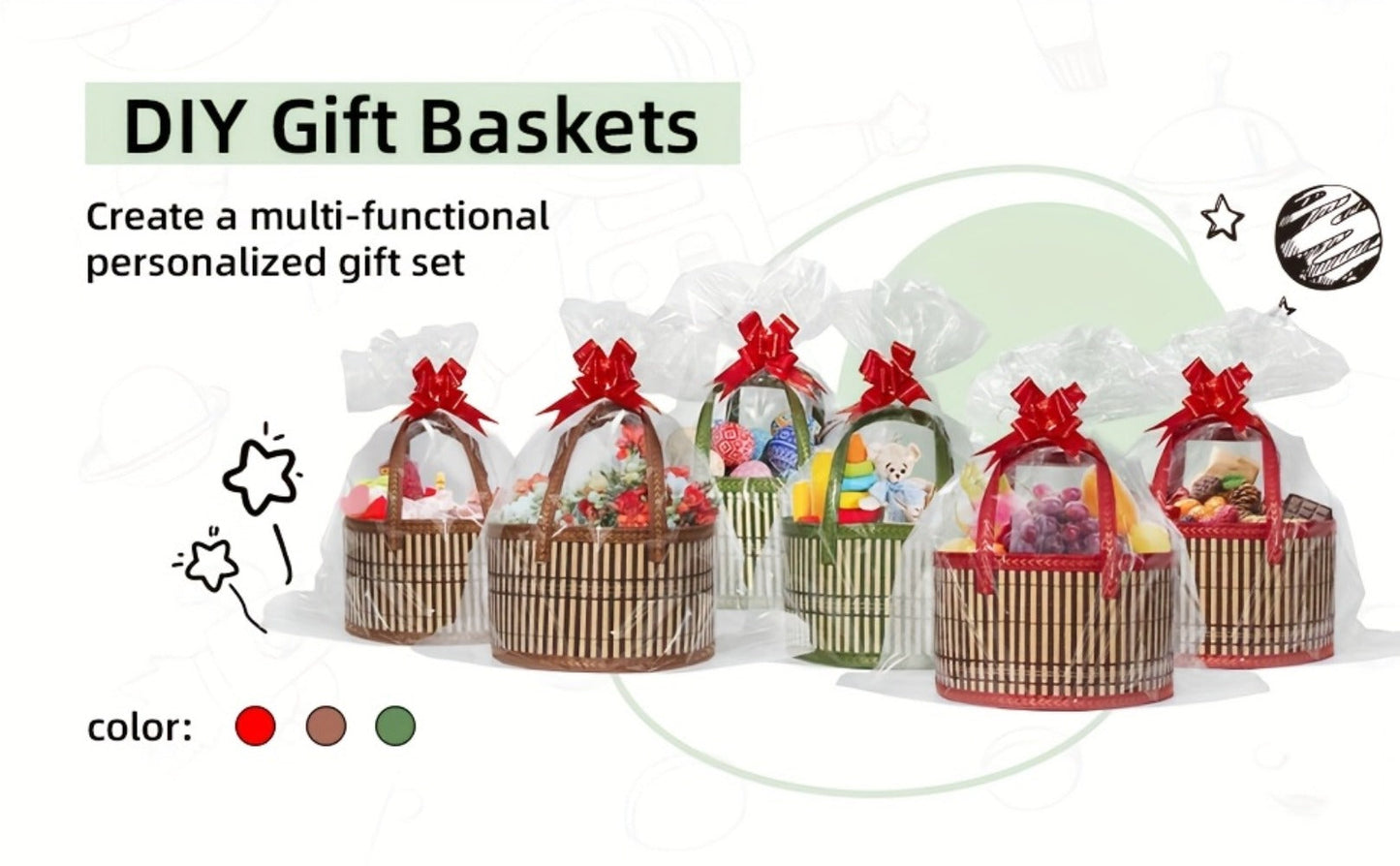 Bamboo Storage Baskets 6-Pack in Oval or Round Shapes with Nine Color and Shape Variants for Home Organization