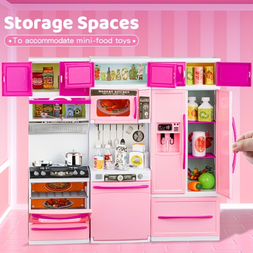 64-Piece Pink Pretend Kitchen Play Set with Light and Sound Features in a 58 x 42.5cm Mini Format