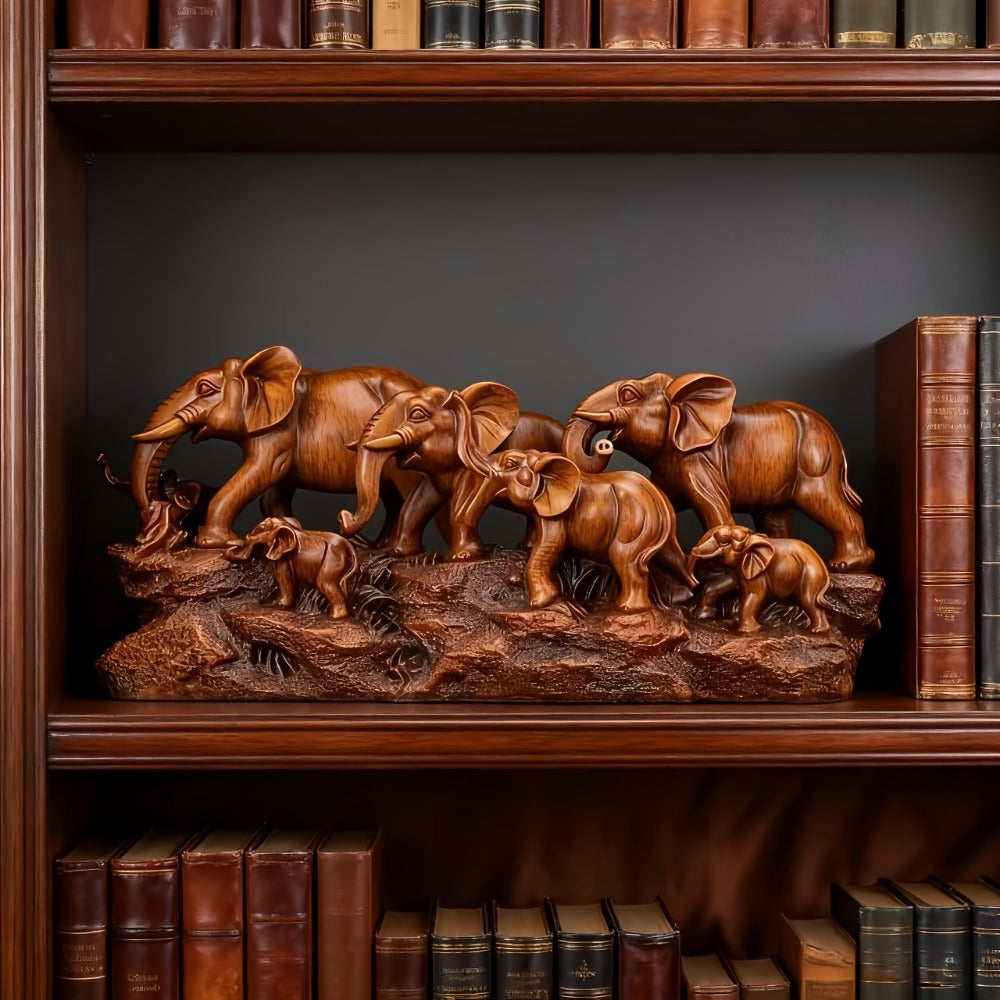 Elephant Family Figurine with Resin Herd Sculpture on Textured Base, 36 x 16 x 10cm Horizontal Shelf Format