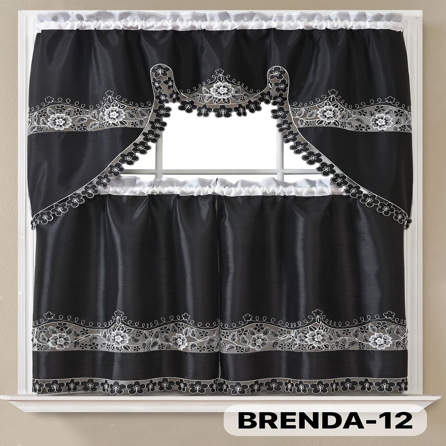Three-Piece Patterned Kitchen Curtain Set with One Valance, Two Tiers and Forty-Six Exact Design Options
