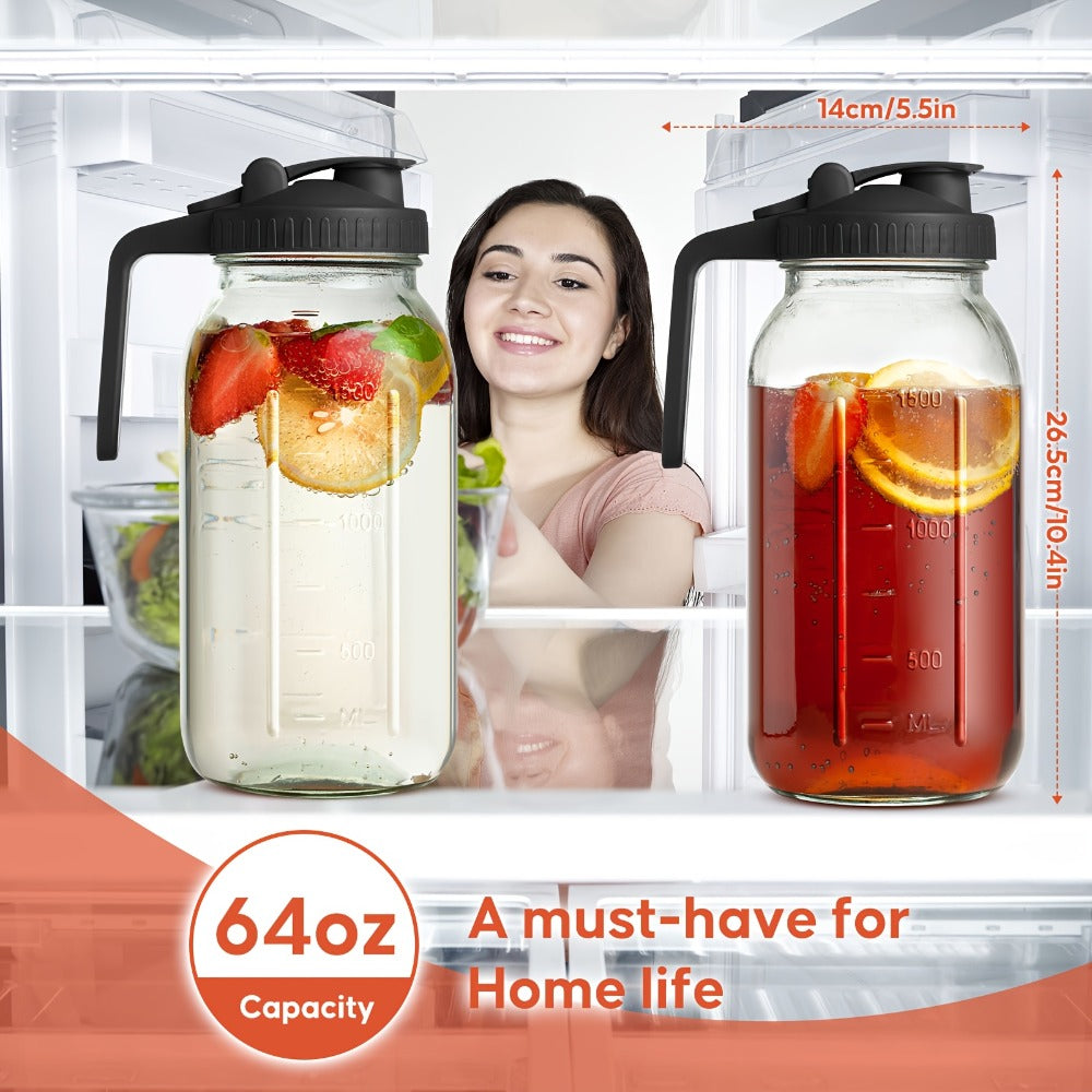 Mason Jar Pitcher 64oz Wide Mouth Glass Pitcher with Pour Spout & Handle – 2 Pack Leak Proof Iced Tea Pitcher for Fridge, Coffee Creamer, Sun Tea & Juice