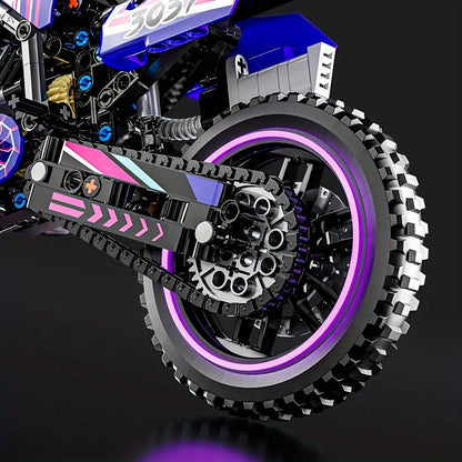 Building Block Set Off-Road Motorcycle Model, 476-Piece Purple and Black Bike with Display Dimensions and Instructions