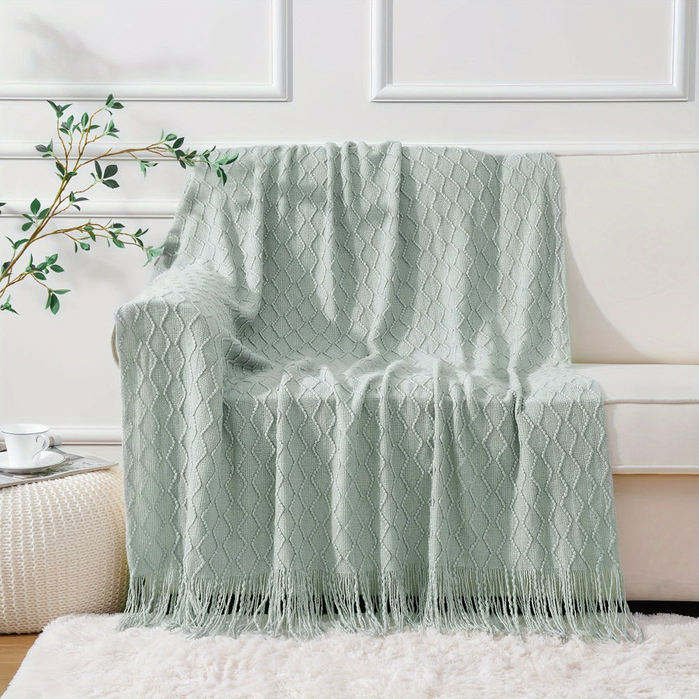 50 x 60-Inch Throw Blanket with Raised Geometric Texture, Tassel Fringe and Six Solid Color Options