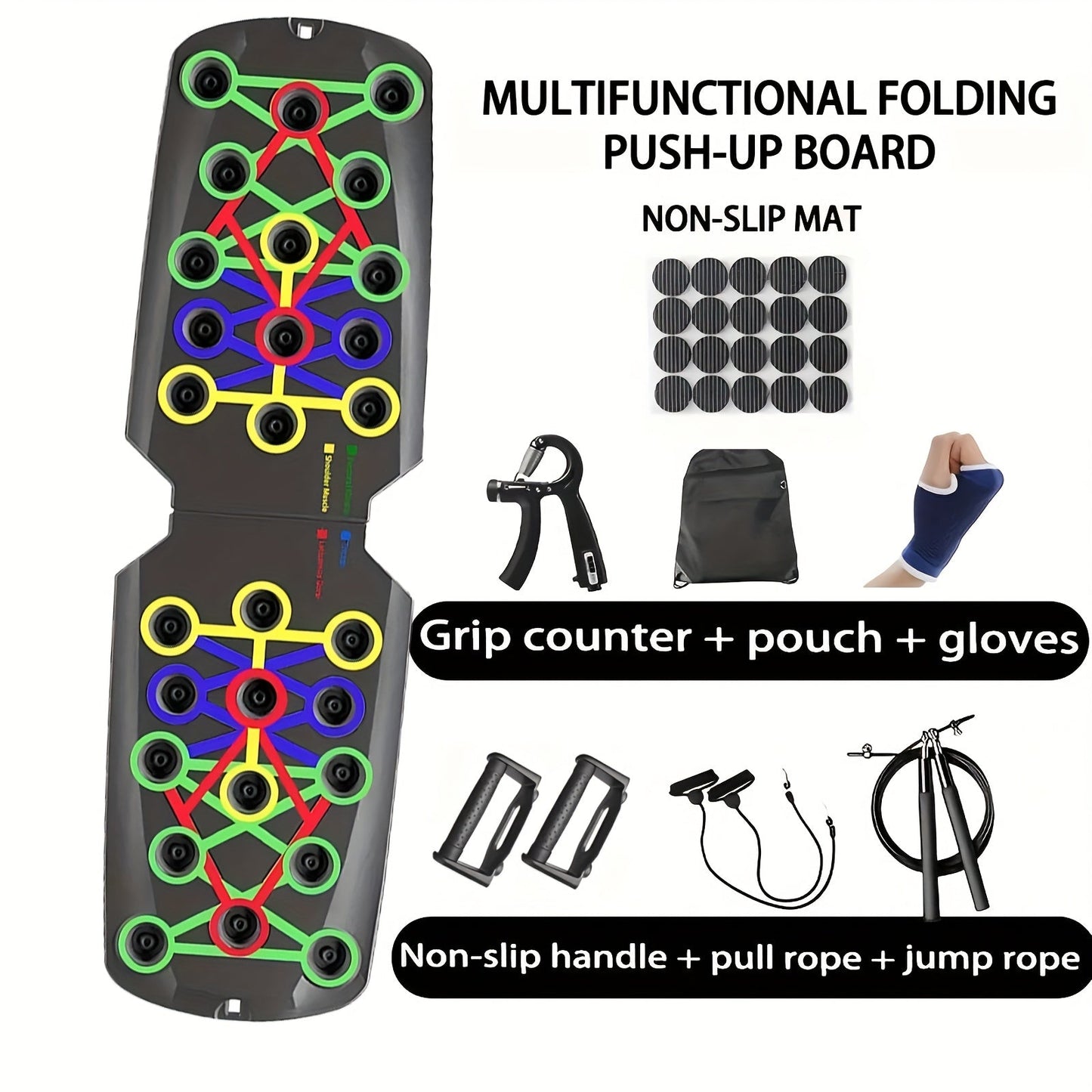 Color-Coded Push-Up Board with Resistance Bands and Pull Ropes for Multi-Position Home Training