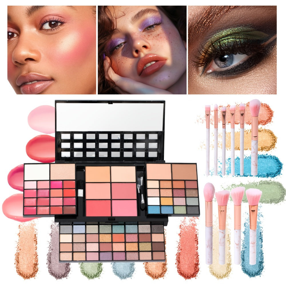 Silvery Makeup Kit Gift Box with Mirror Lipstick Eyeshadow & Blush – Multi-Functional Portable Complete Beauty Cosmetic Set for Teens Beginners Women Multiple Shades