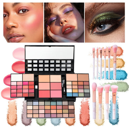 Silvery Makeup Kit Gift Box with Mirror Lipstick Eyeshadow & Blush – Multi-Functional Portable Complete Beauty Cosmetic Set for Teens Beginners Women Multiple Shades