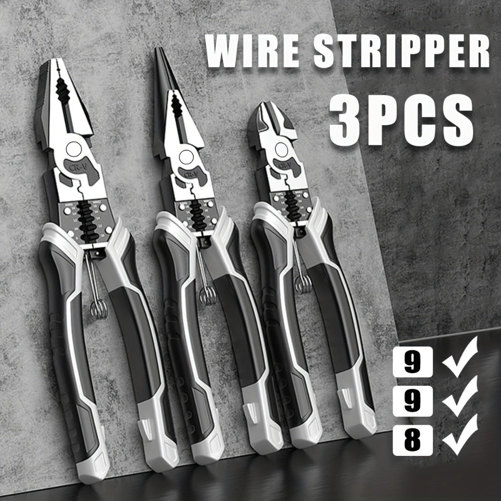 Three-Piece Pliers Set with 8- and 9-Inch Diagonal Cutting, Long-Nose and Combination Wire-Working Tools
