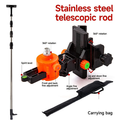 Stainless Steel Telescoping Laser Level Pole, 15.4-Foot Support Rod with 1/4-20 and 5/8-11 Mounts