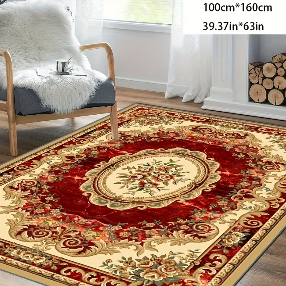 Area Rug Red Imitation Cashmere Medallion Design in Four Machine-Washable Room Size Choices