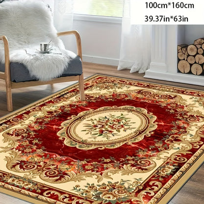 Area Rug Red Imitation Cashmere Medallion Design in Four Machine-Washable Room Size Choices