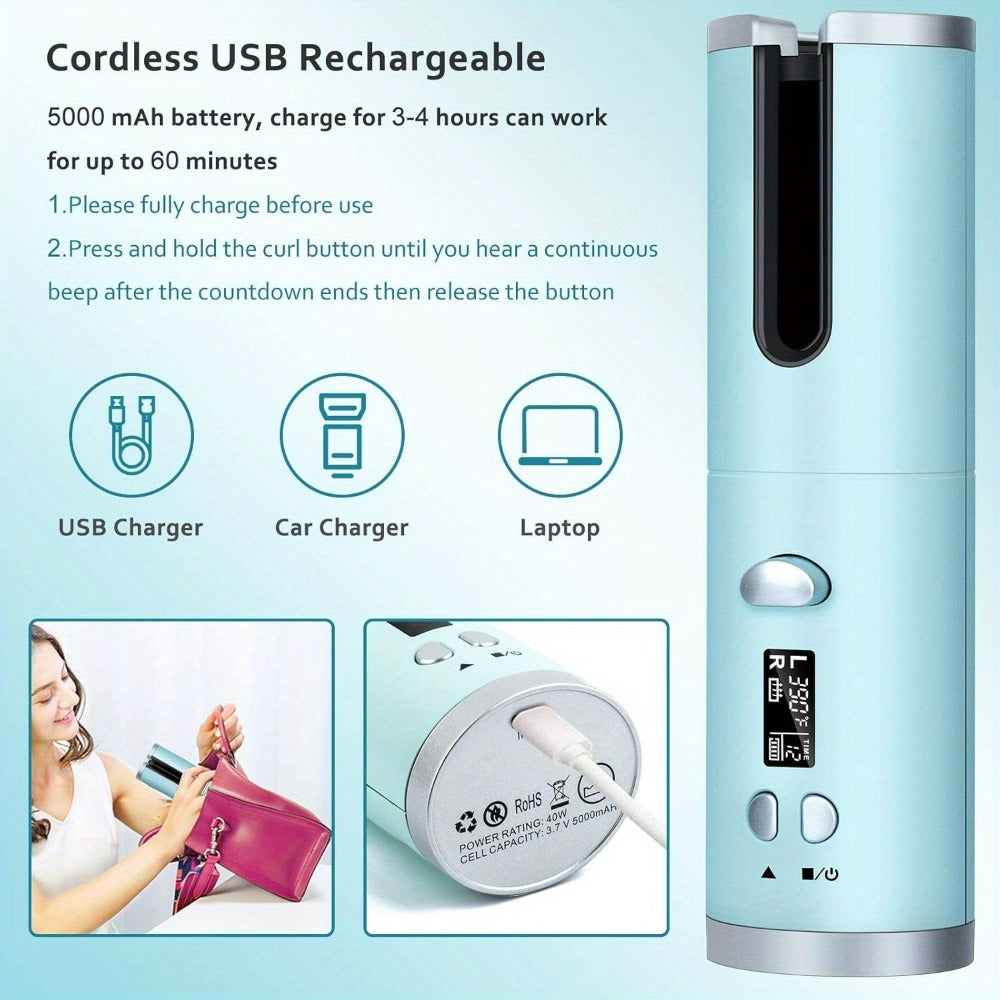 Cordless Automatic Hair Curler USB Rechargeable Rotating Curling Iron 6 Heat Settings LCD Display Auto Shut-Off Fast Heat-Up Storage Bag 4 Hair Clips Comb All Hair Types Women Blue Pink Gray Gradient