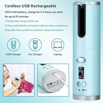 Cordless Automatic Hair Curler USB Rechargeable Rotating Curling Iron 6 Heat Settings LCD Display Auto Shut-Off Fast Heat-Up Storage Bag 4 Hair Clips Comb All Hair Types Women Blue Pink Gray Gradient