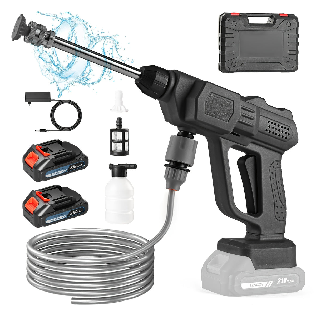 Car Pressure Washer with 500 PSI Listing, 6-in-1 Spray Nozzle, 5m Hose and One or Two Batteries