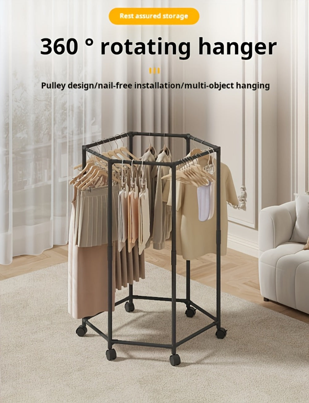 Rotating Hexagonal Garment Rack with Six-Sided Hanging Frame, Casters and Black or White Mesh-Bag Options
