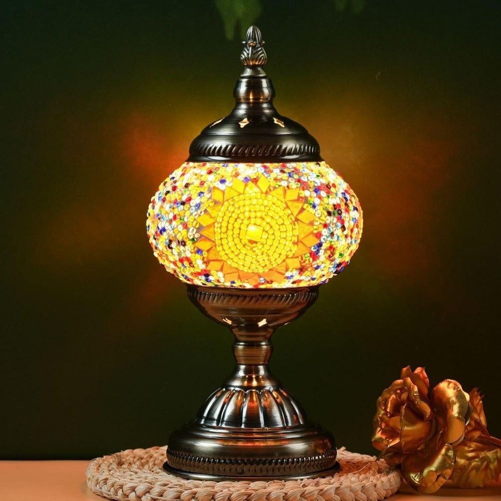Table Lamp with Mosaic Glass Globe, Metal Base, Seven Color or Pack Options and Three White-Light Modes