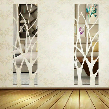 Silver Acrylic Mirror Tree Wall Decal with Branch and Leaf Pieces for a 39.4 x 11.02 in Layout