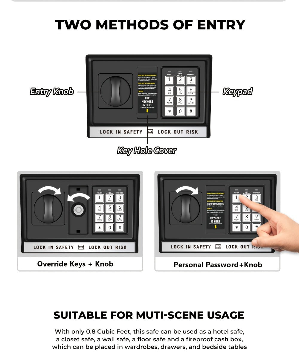 Home Security Safe Box with Sensor Light & Fireproof Bag – Digital Keypad Lock Box with Backup Keys for Cash, Jewelry & Valuables – Wall, Floor & Closet Mountable Safe (Multiple Sizes & Colors)