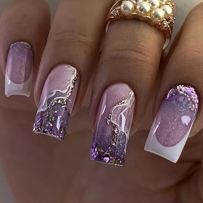 Press On Nails 216-Piece Medium Square Set with Ombre Gradient, White French-Tip and Marble Designs