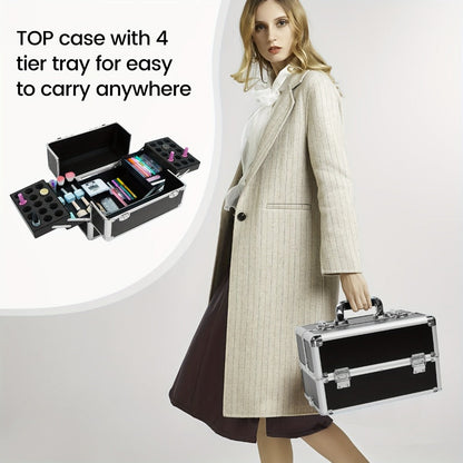 Black Four-Level Rolling Makeup Train Case with Telescoping Handle, Four Trays and Detachable Caster Wheels