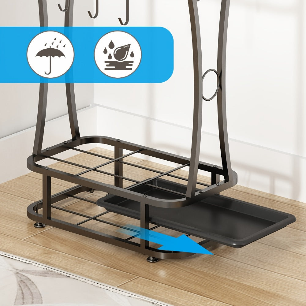Freestanding Black Metal Umbrella Stand with Four Hanging Slots and Removable Bottom Drip Tray