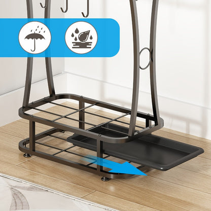Freestanding Black Metal Umbrella Stand with Four Hanging Slots and Removable Bottom Drip Tray