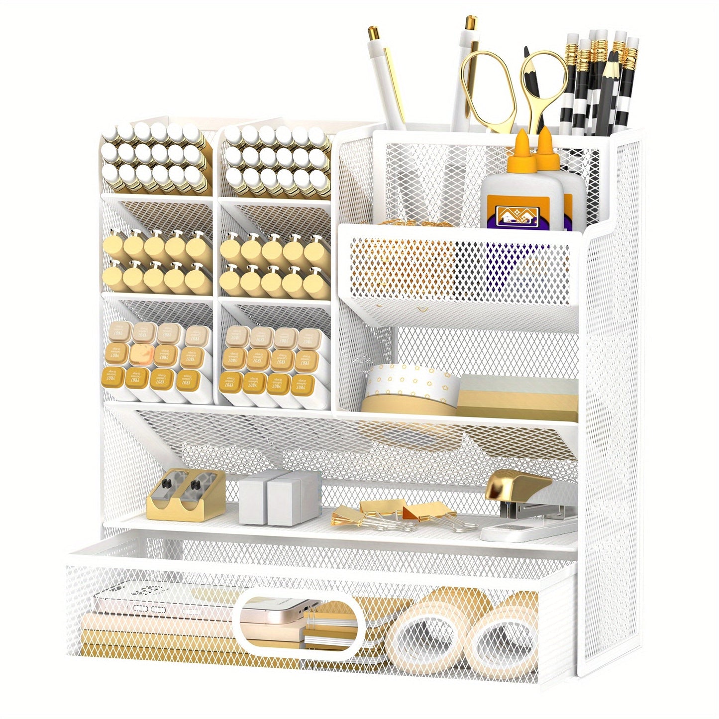 Mesh Desk Organizer with Pull-Out Drawer, Tiered Compartments and Six Color Checkout Options