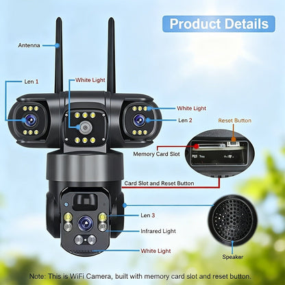 Security Camera 4K Triple-Lens Solar PTZ Model with 10X Zoom, 8000mAh Battery and 32GB Bundle Option
