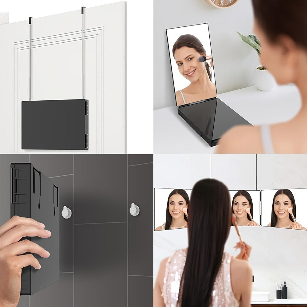 Folding 3 Way Mirror for Hair Cutting 360° View HD Glass, Three-Sided Barber Mirror Adjustable Height Telescopic Door Hook Wall Mount USB Powered, Self Haircut Mirror for Men Women Shaving Beard Makeup