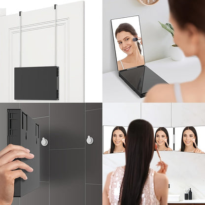 Folding 3 Way Mirror for Hair Cutting 360° View HD Glass, Three-Sided Barber Mirror Adjustable Height Telescopic Door Hook Wall Mount USB Powered, Self Haircut Mirror for Men Women Shaving Beard Makeup