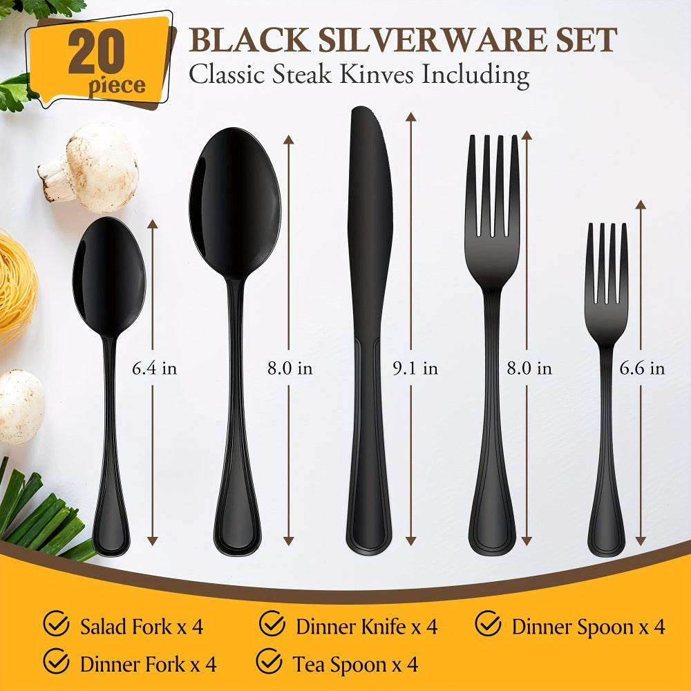 Stainless Steel Flatware Cutlery Set – Mirror Polished, Dishwasher Safe, Silver & Black Options, Service for 4 / 8 / 12 – Kitchen Utensil Set for Home, Restaurant & Wedding Gift