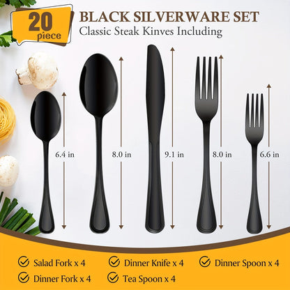 Stainless Steel Flatware Cutlery Set – Mirror Polished, Dishwasher Safe, Silver & Black Options, Service for 4 / 8 / 12 – Kitchen Utensil Set for Home, Restaurant & Wedding Gift