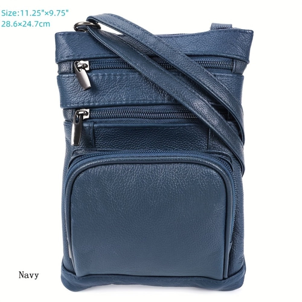 Genuine Leather Shoulder Bag for Women Men Soft First-Layer Cowhide Crossbody Bag Multi-Pocket Messenger Bag 3 Sizes Fits Smartphone Tablet Daily Work Travel – Black Red Brown Navy