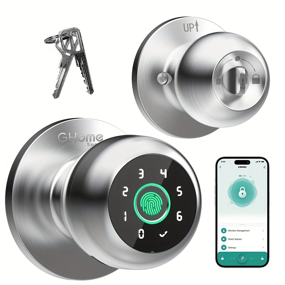 GHome Smart Lock Knob with Fingerprint & Keypad - USB-C Rechargeable, App-Controlled Keyless Entry, Auto-Lock, Passage & Privacy Mode, K10 / K10 PRO / K20 / KD03 PRO, for Home Bedroom Office
