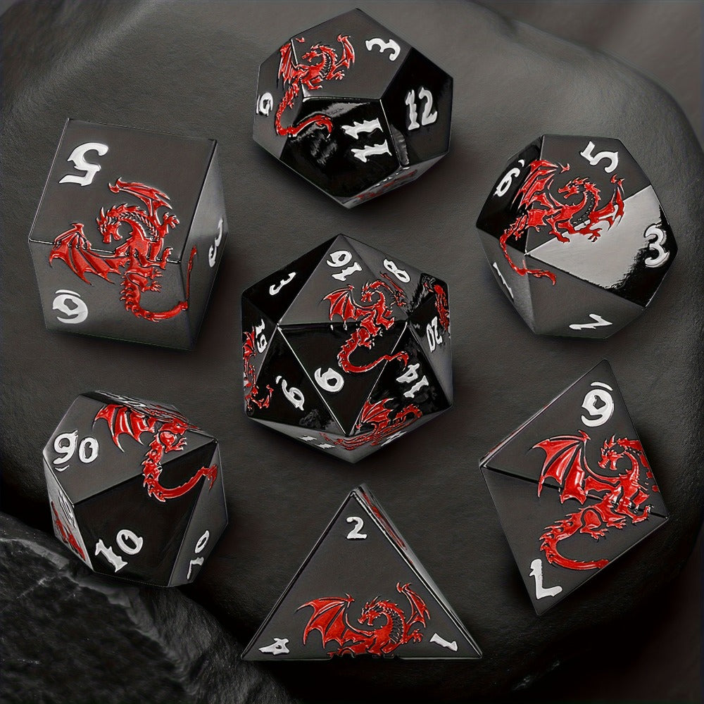 Dragon Metal Dice Set 7pcs Hand-Polished – Retro Carved Dragon Pattern Polyhedral DnD TTRPG RPG Dice with Dragon Storage Bag, D4 D6 D8 D10 D12 D20, Bronze Silver Black Blue White Cyan
