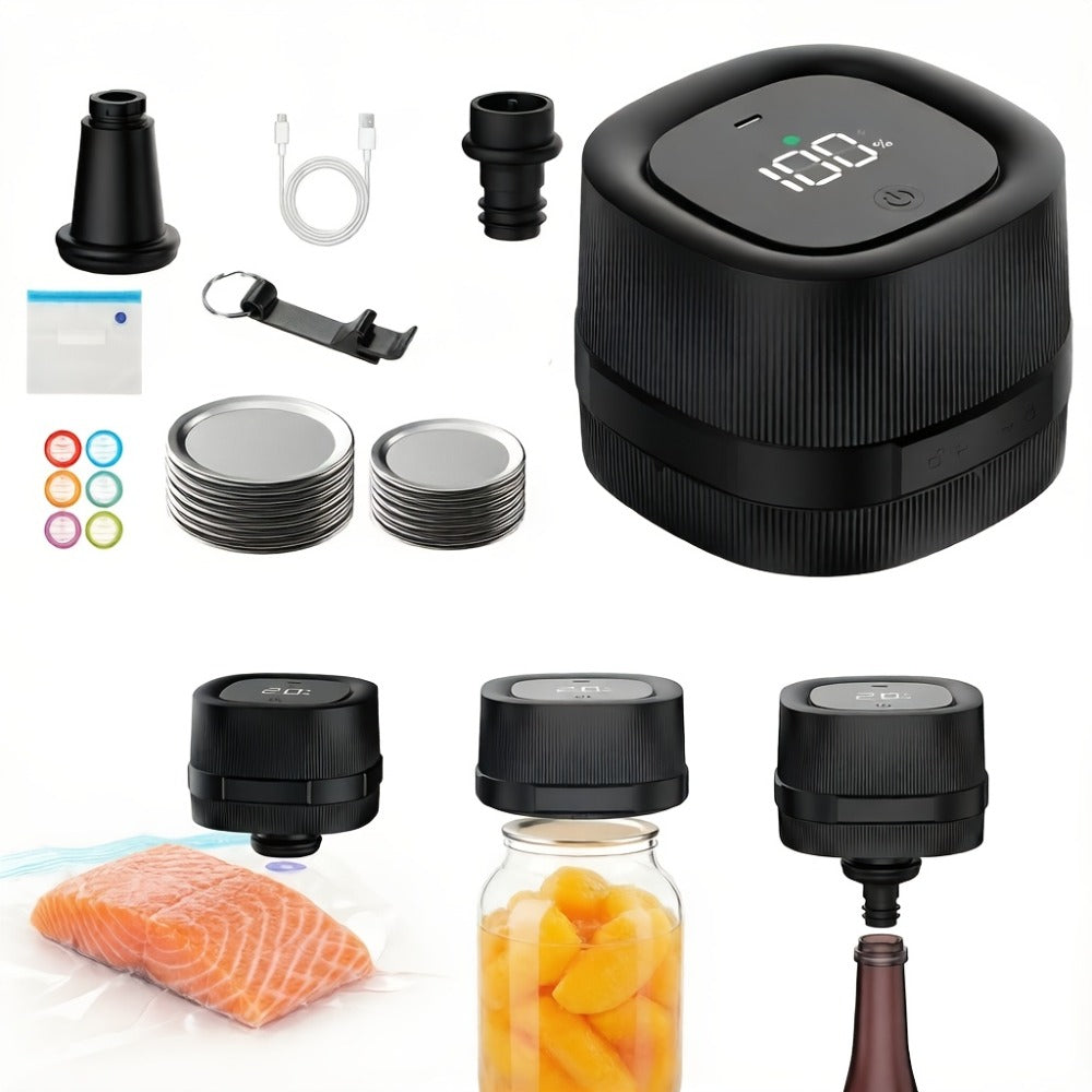 Electric Jar Vacuum Sealer with One-Button Operation and White, Black or Basic Black Model Options