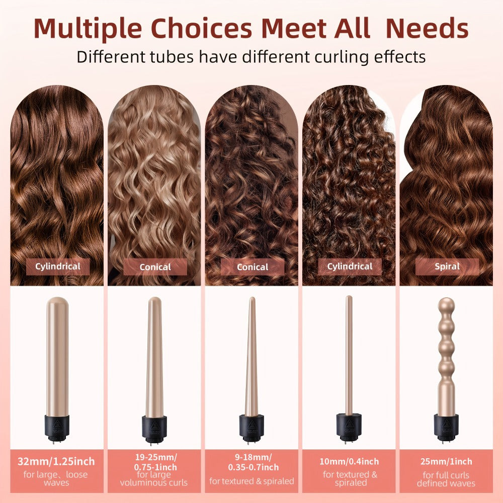 5-in-1 Curling Wand Set Ceramic Interchangeable Barrels 0.4-1.25 Inch - 30s Fast Heat Dual Voltage Auto Shut-Off Hair Curler Iron with Heat Glove for Women Long Short Hair