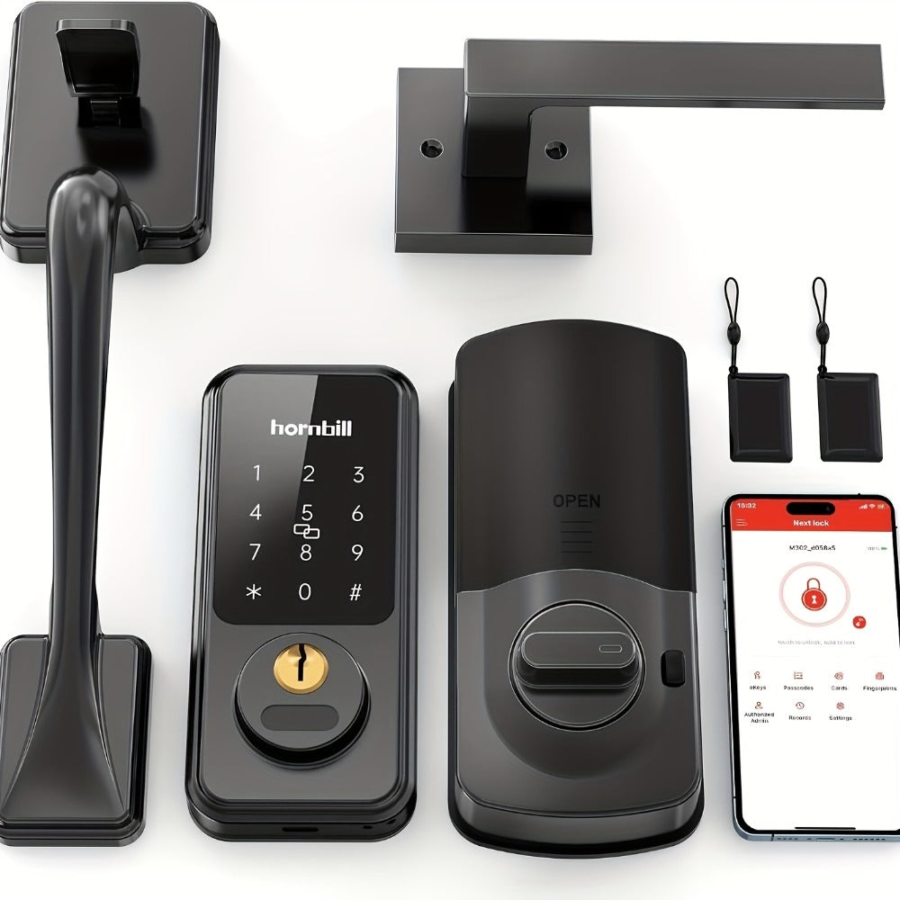 Hornbill Smart Door Lock Set with Handle - Alexa Compatible Keypad Deadbolt, Bluetooth App, Keyfob & Auto-Lock, Complete Keyless Entry Front Door Upgrade, Matte Black & Silver