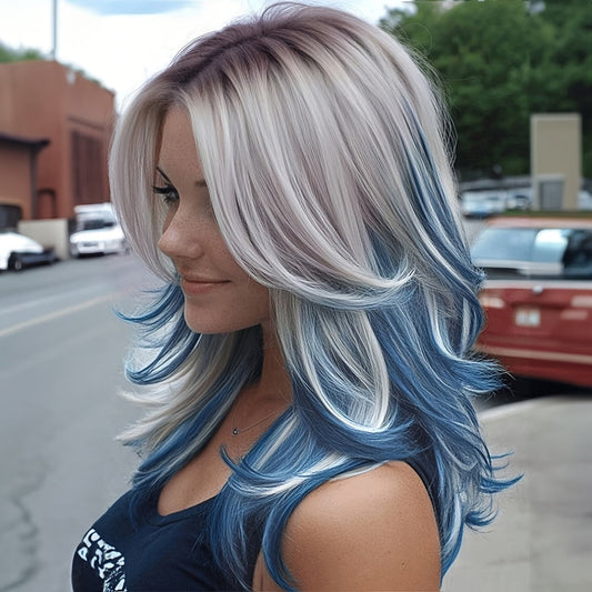 Synthetic Wig 22-Inch Gradient Blue Ombre Layers with Bangs, Adjustable Cap and Rose Hair Net