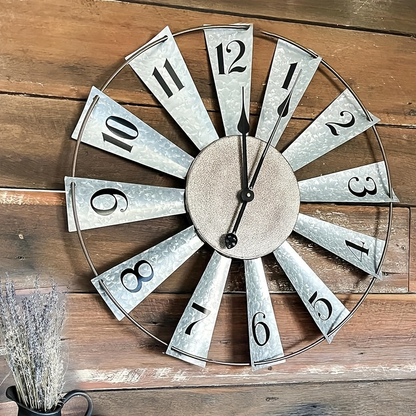 24 Inch Farmhouse Wall Clock Large Vintage Metal Windmill Blade Galvanized Analog Clock Battery Operated Silent for Living Room Kitchen Bedroom Porch