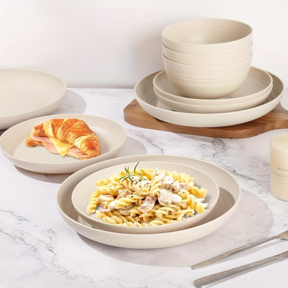 Wheat Straw Dinnerware Set 16 or 32 Piece – Plates & Bowls for 4 or 8 People, Microwave & Dishwasher Safe Plastic Dish Set, Lightweight Colorful Tableware for Home, Party & Holiday