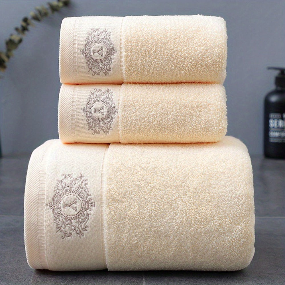 Three-Piece Towel Set with Two Hand Towels and One Bath Towel in Four Embroidered Color Options