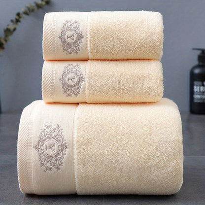 Three-Piece Towel Set with Two Hand Towels and One Bath Towel in Four Embroidered Color Options