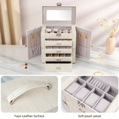 Large Jewelry Box 5-Tier PU Leather Organizer with Lock & Mirror – Storage Case for Bracelets, Earrings, Rings & Necklaces