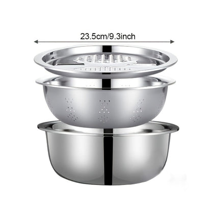 Stainless Steel Kitchen Tool Set 3pcs, Built-In Grinder, Colander Filter & Mixing Bowl for Washing